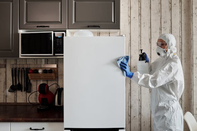 person using bleach to disnifect a fridge